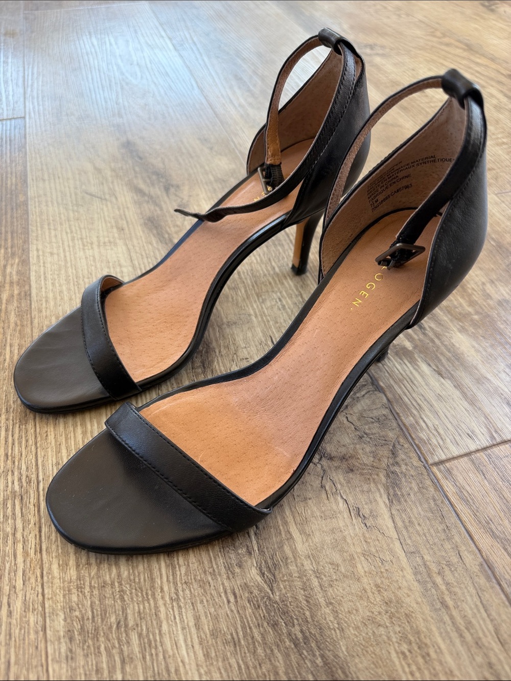 Halogen Black Leather Open-Toe Ankle-Strap Heels
